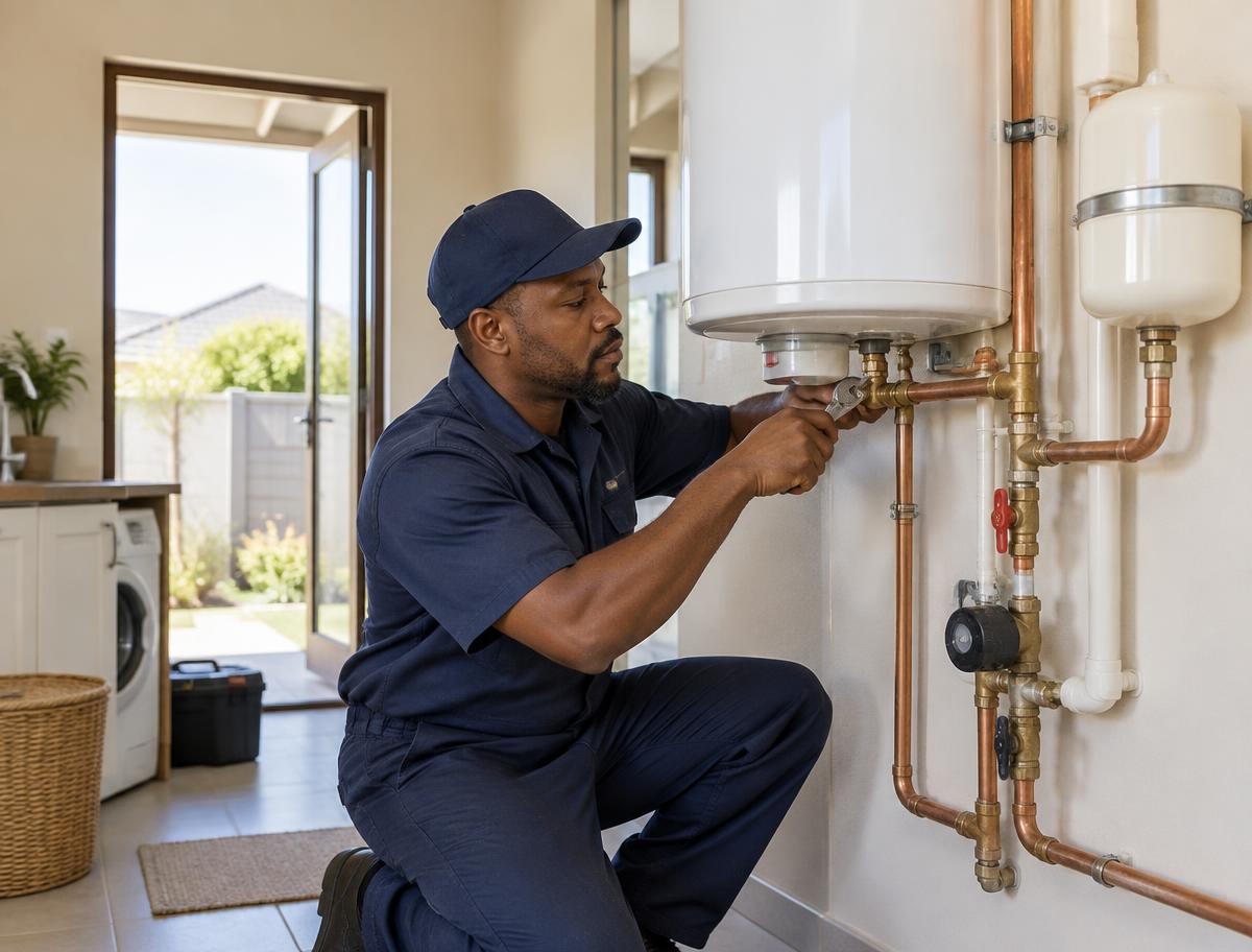 Plumber servicing a residential hot-water geyser